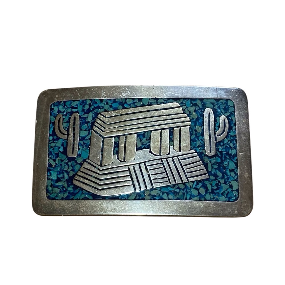 Vintage Mexican Sterling Silver Turquoise Inlay Belt Buckle